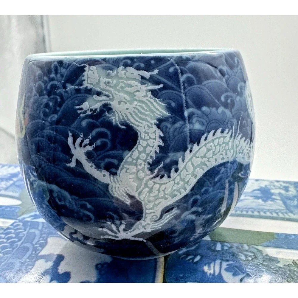 Sake Teapot Cups Six Dragon Blue  Porcelain Tea Set‎ Japanese Asian Signed Fire